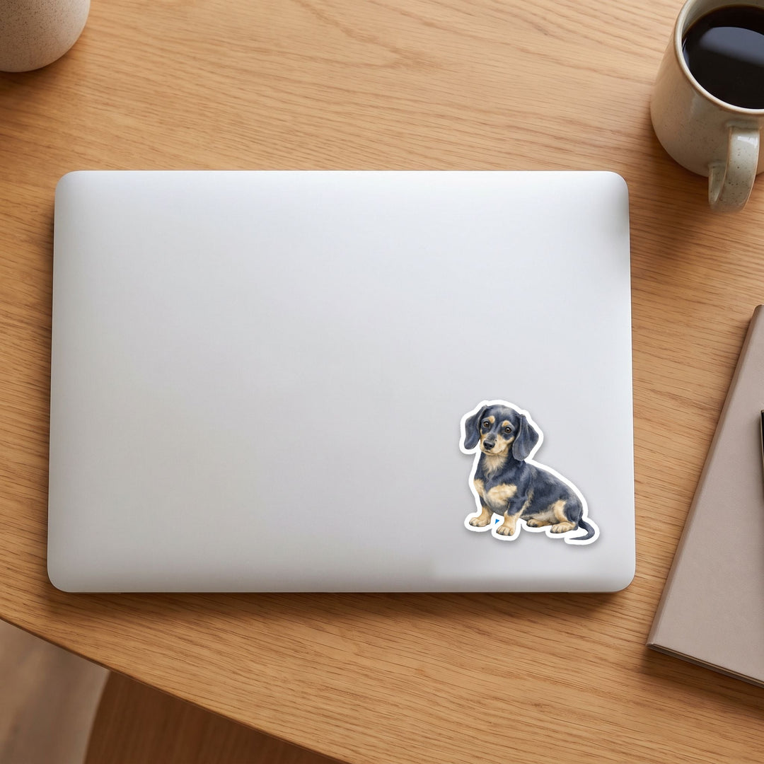 Dachshund Blue and Cream watercolor vinyl sticker on a laptop lid – Designs by Mysh