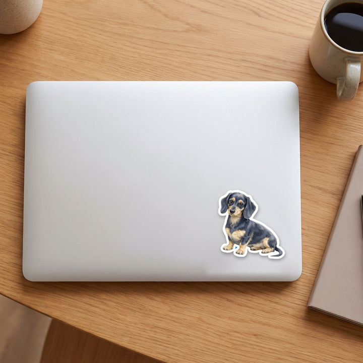 Dachshund Blue and Cream watercolor vinyl sticker on a laptop lid – Designs by Mysh