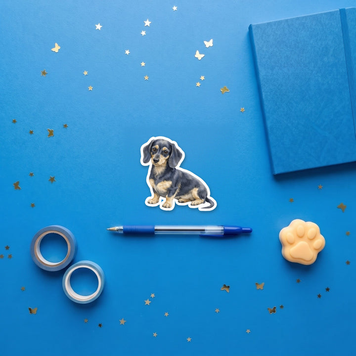 Dachshund Blue and Cream watercolor 3 inch sticker flat lay with blue and yellow stationery – Designs by Mysh
