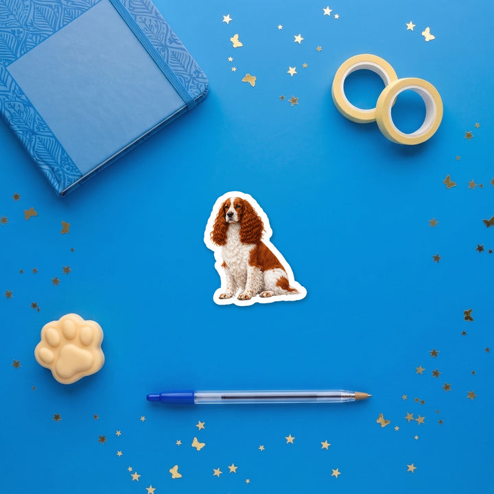 English Cocker Spaniel Red watercolor 3 inch sticker flat lay with blue and yellow stationery – Designs by Mysh