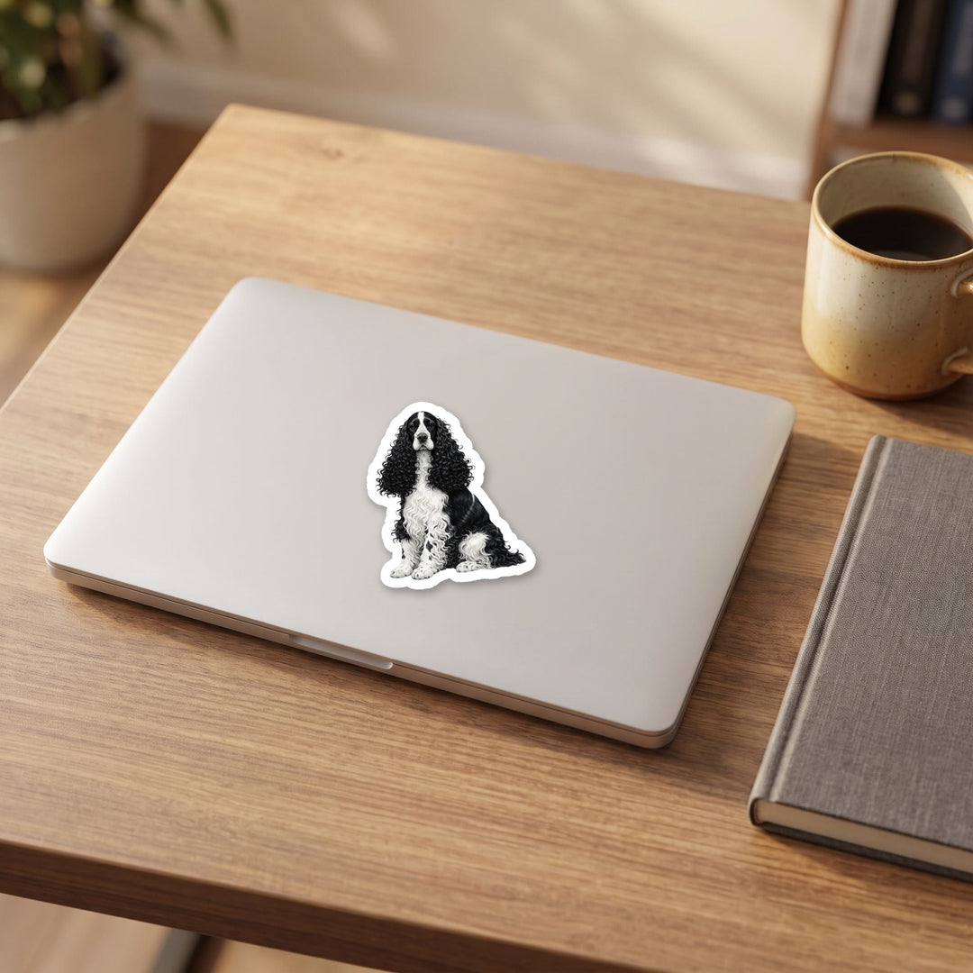 English Cocker Spaniel Black and White watercolor vinyl sticker on a laptop lid – Designs by Mysh