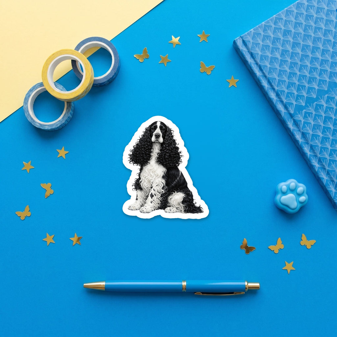 English Cocker Spaniel Black and White watercolor 3 inch sticker flat lay with blue and yellow stationery – Designs by Mysh