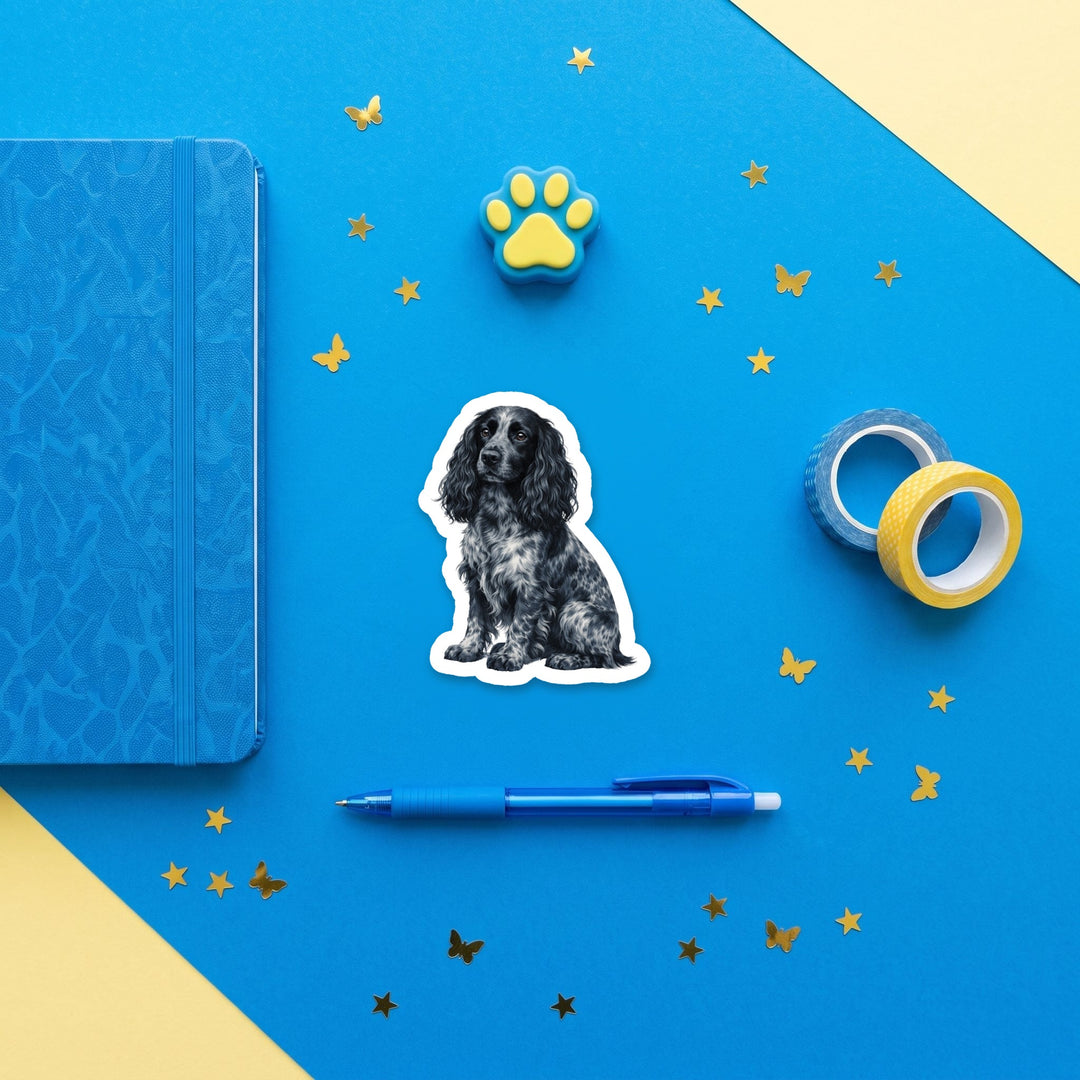 English Cocker Spaniel Blue Roan watercolor 3 inch sticker flat lay with blue and yellow stationery – Designs by Mysh