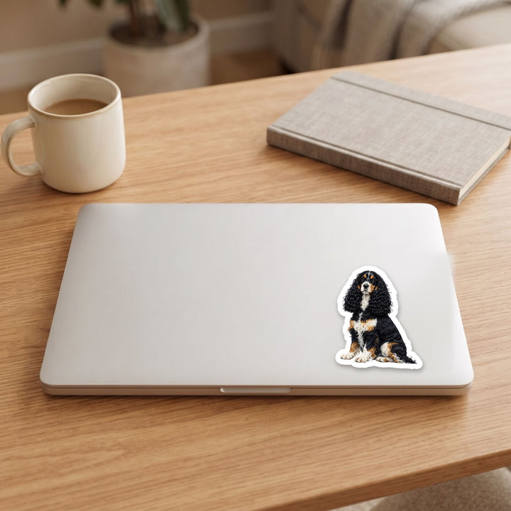 English Cocker Spaniel Black White and Tan watercolor vinyl sticker on a laptop lid – Designs by Mysh