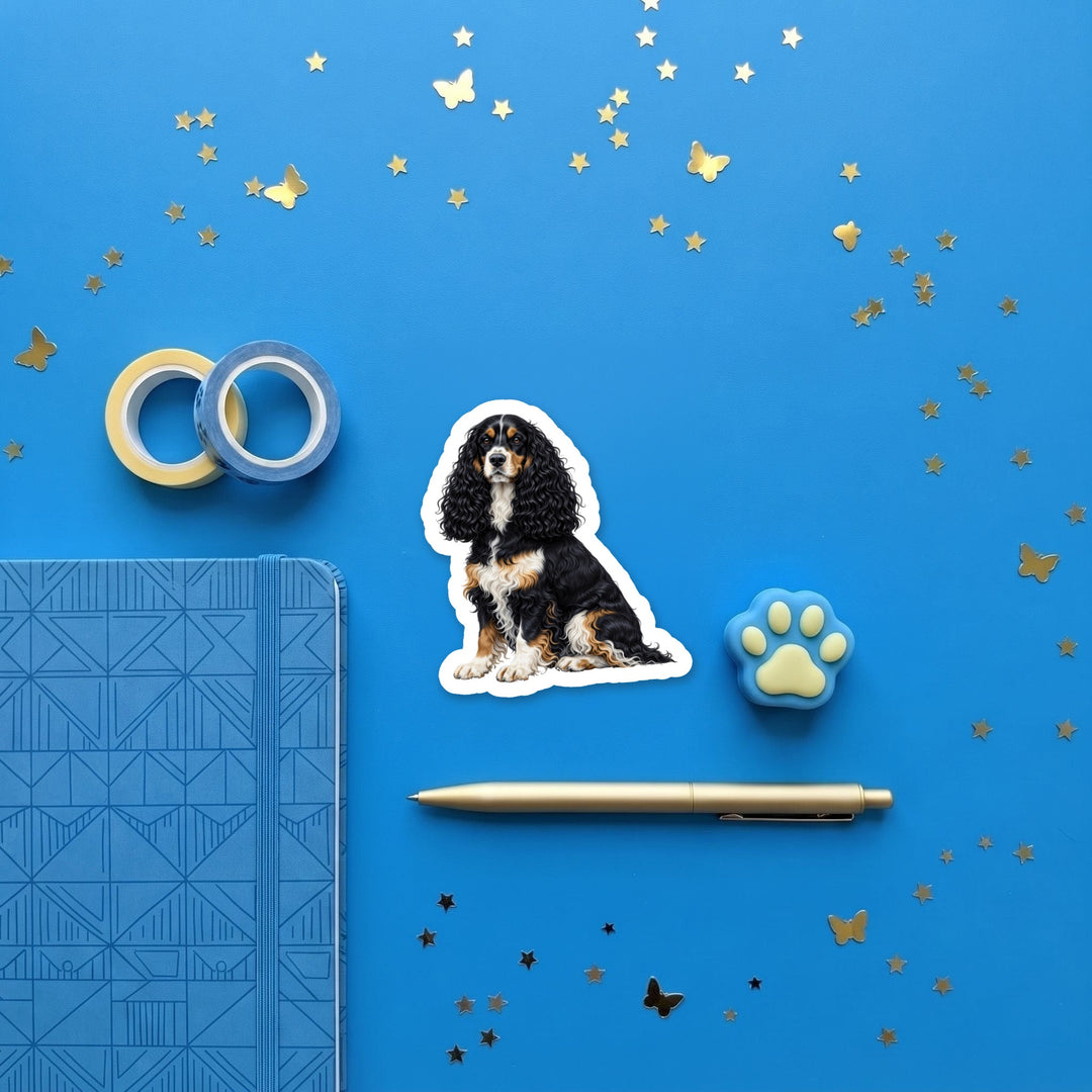 English Cocker Spaniel Black White and Tan watercolor 3 inch sticker flat lay with blue and yellow stationery – Designs by Mysh