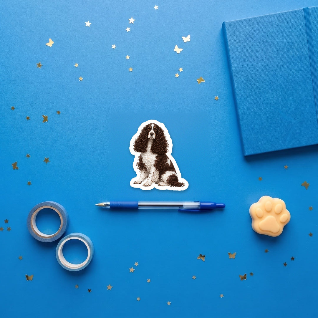 English Cocker Spaniel Liver and White watercolor 3 inch sticker flat lay with blue and yellow stationery – Designs by Mysh