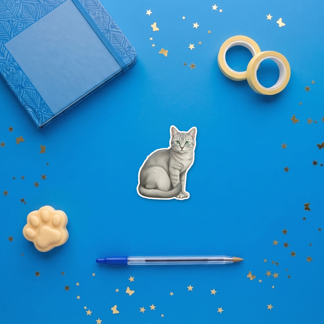 Russian Blue Cat 3 inch sticker flat lay with blue and yellow stationery – Designs by Mysh