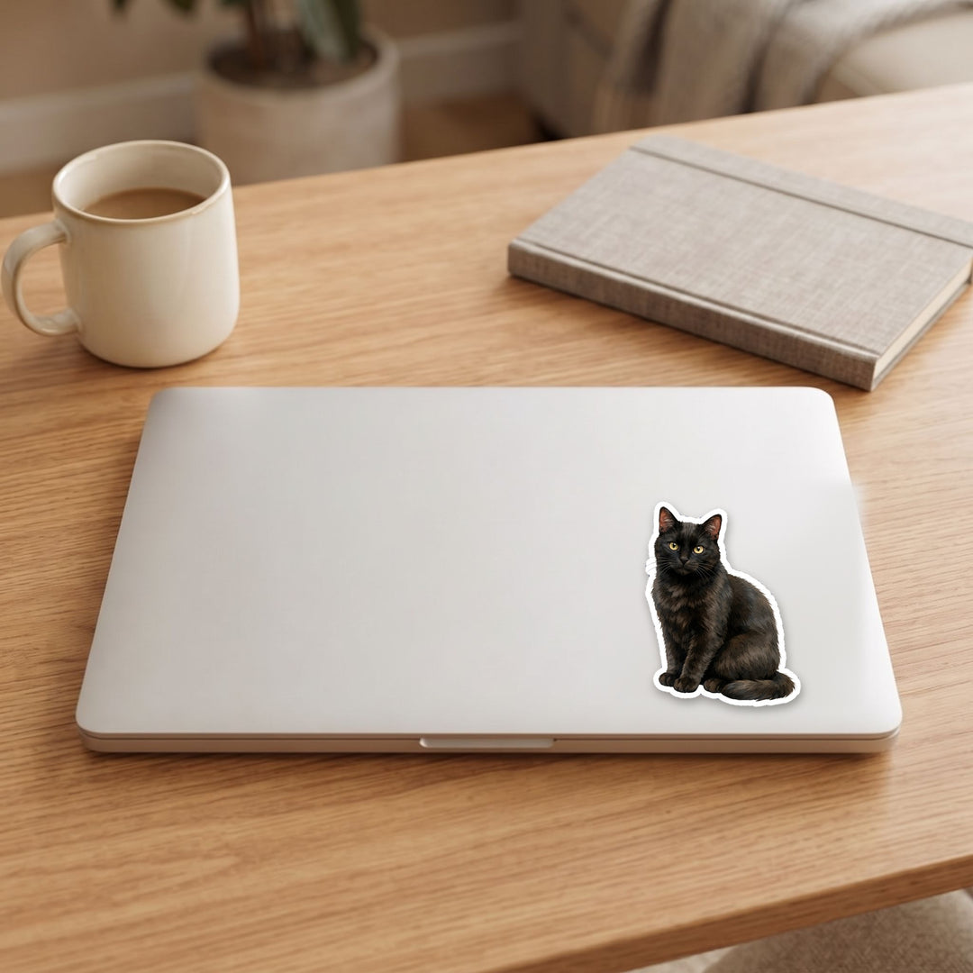 Black Cat Witchy vinyl sticker on a laptop lid – Designs by Mysh