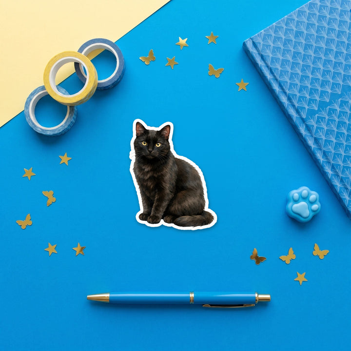 Black Cat Witchy 3 inch sticker flat lay with blue and yellow stationery – Designs by Mysh