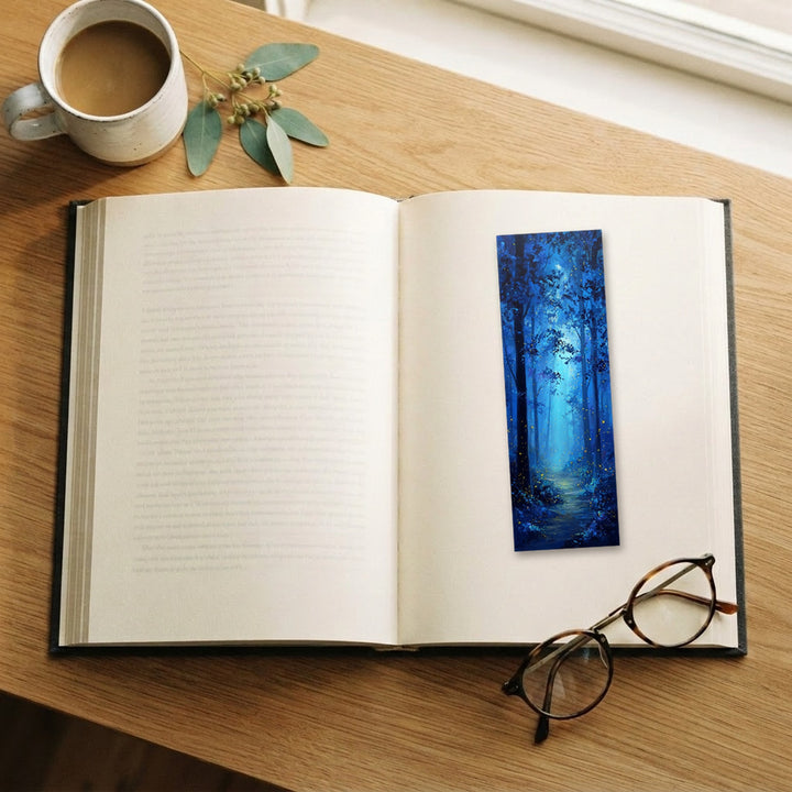Moonlit Fireflies traditional bookmark on an open book – Designs by Mysh