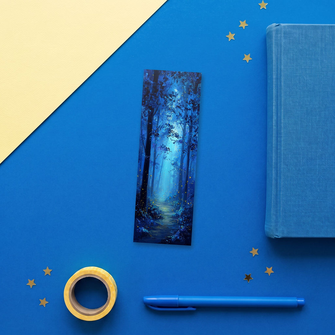 Moonlit Fireflies 2x6 inch bookmark flat lay with blue and yellow stationery – Designs by Mysh