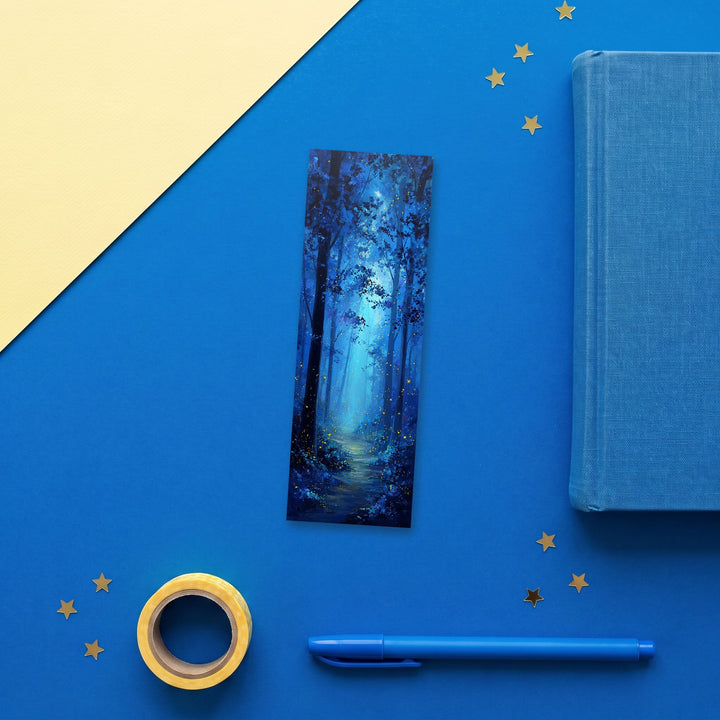 Moonlit Fireflies 2x6 inch bookmark flat lay with blue and yellow stationery – Designs by Mysh