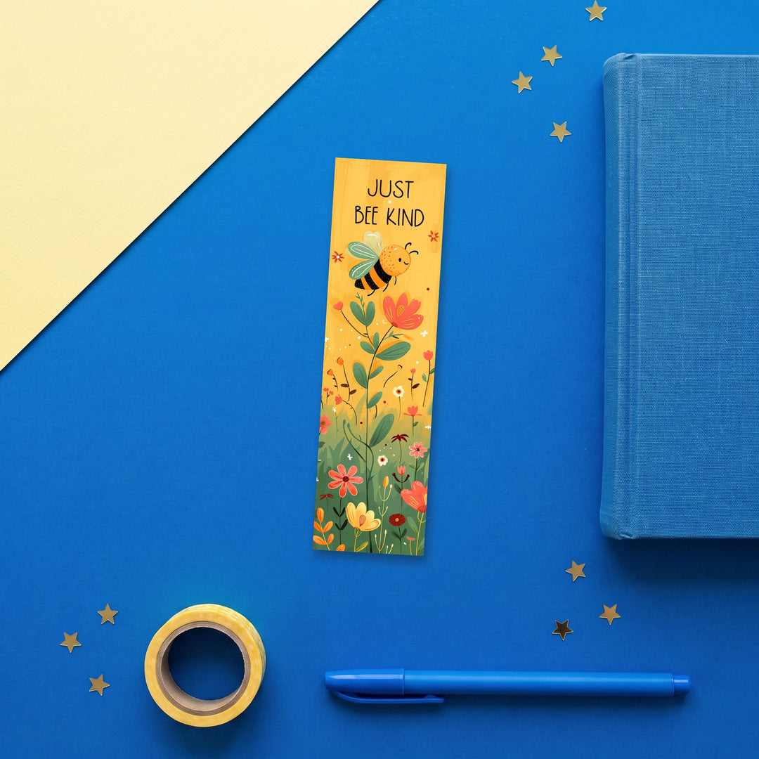 Just Bee Kind 2x6 inch bookmark flat lay with blue and yellow stationery – Designs by Mysh