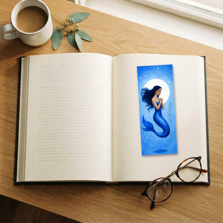 Blue Mermaid traditional bookmark on an open book – Designs by Mysh
