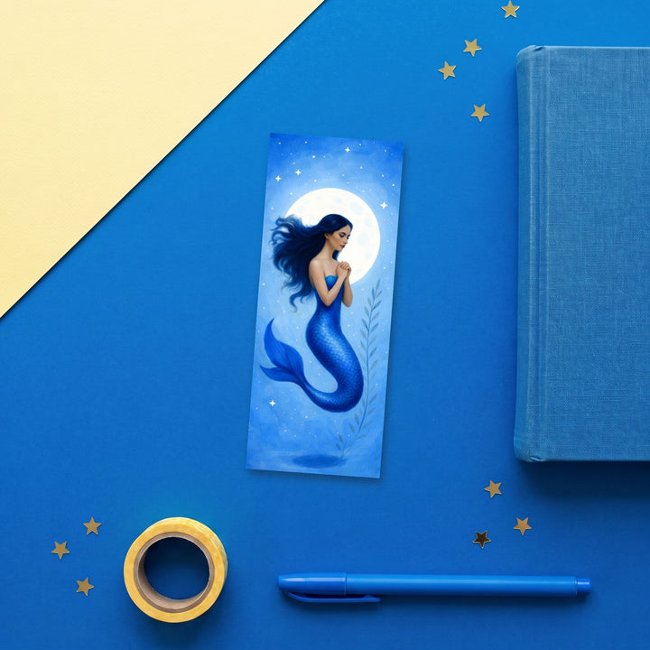 Blue Mermaid 2x6 inch bookmark flat lay with blue and yellow stationery – Designs by Mysh