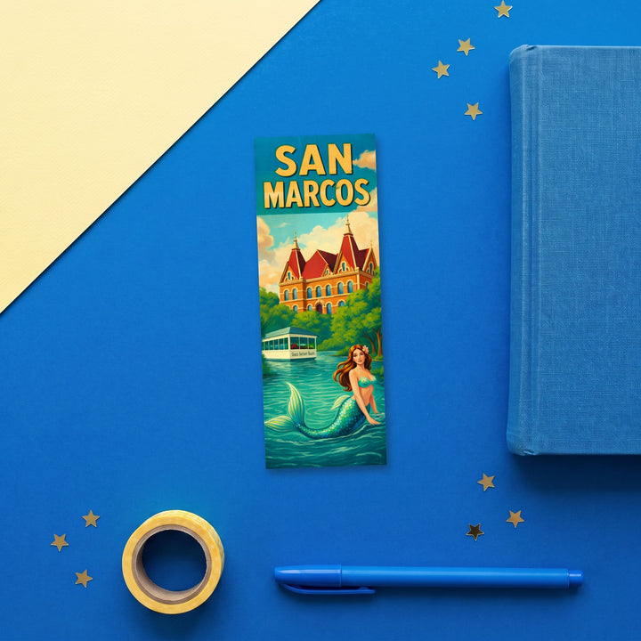 San Marcos 2x6 inch bookmark flat lay with blue and yellow stationery – Designs by Mysh