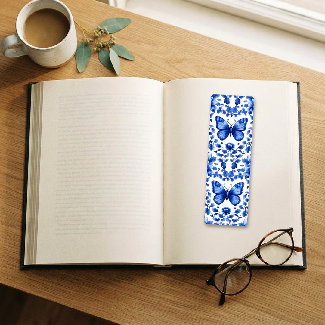 Blue Butterfly Chinoiserie traditional bookmark on an open book – Designs by Mysh