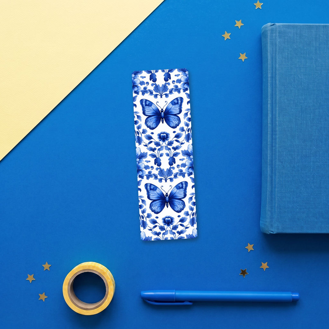 Blue Butterfly Chinoiserie 2x6 inch bookmark flat lay with blue and yellow stationery – Designs by Mysh