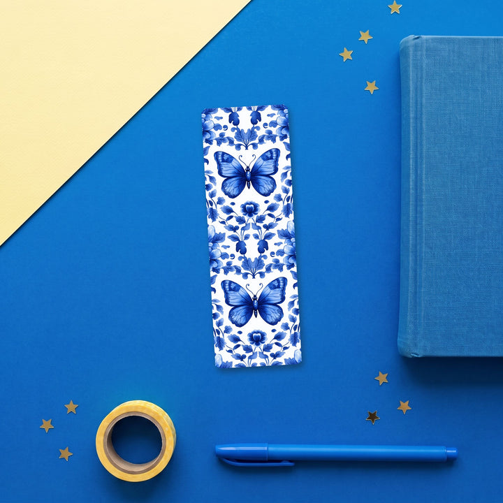 Blue Butterfly Chinoiserie 2x6 inch bookmark flat lay with blue and yellow stationery – Designs by Mysh
