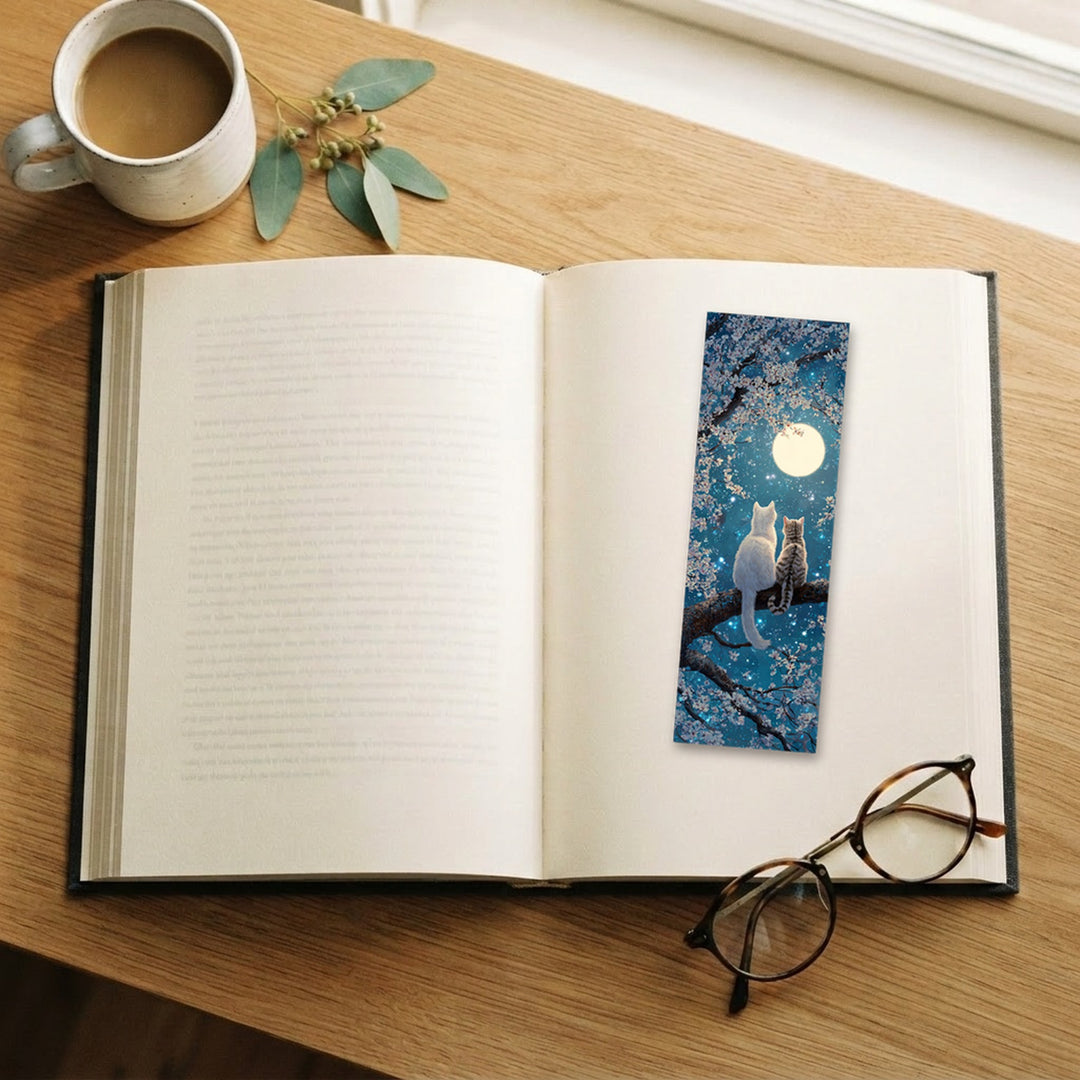 Moonlit Cherry Blossom Cats traditional bookmark on an open book – Designs by Mysh
