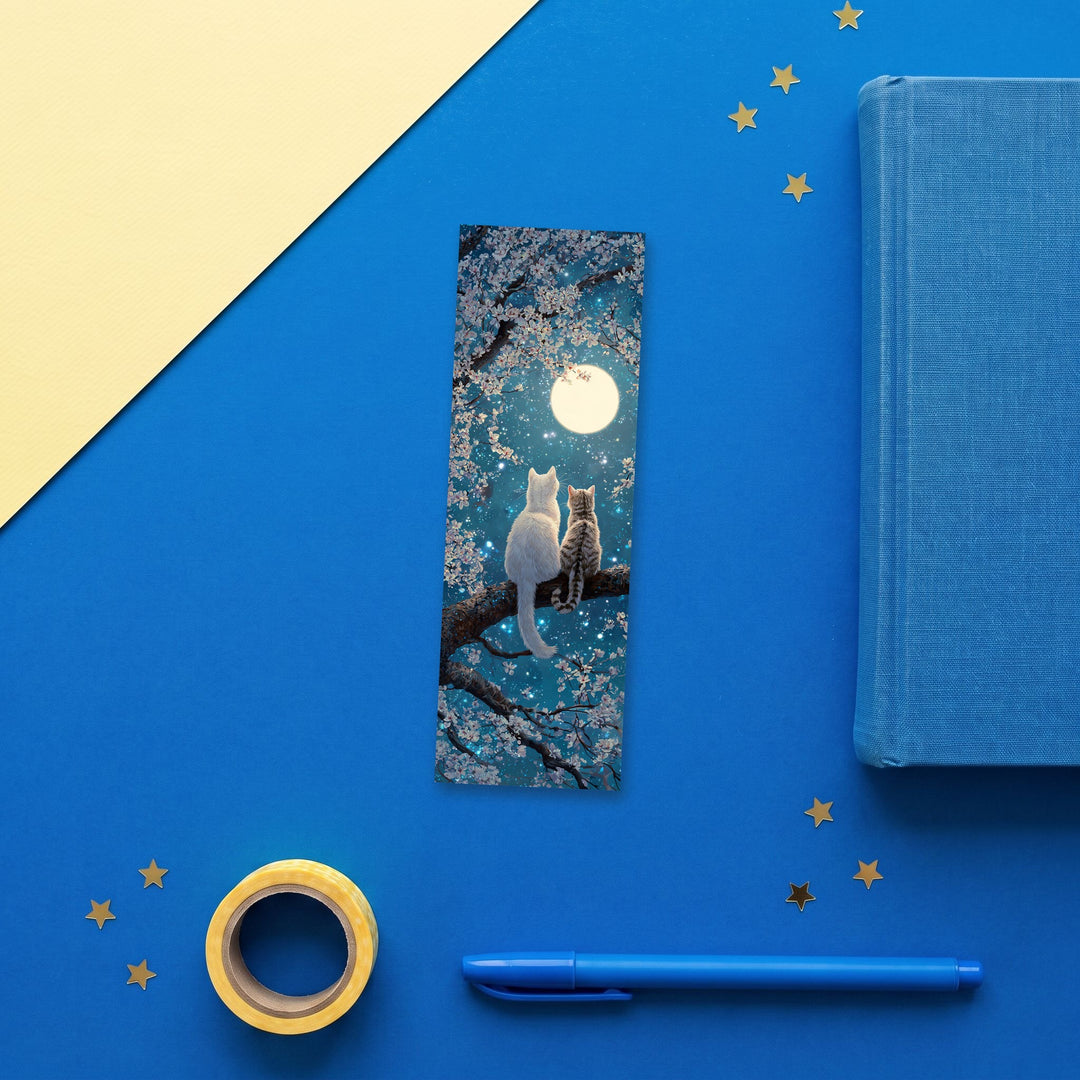 Moonlit Cherry Blossom Cats 2x6 inch bookmark flat lay with blue and yellow stationery – Designs by Mysh
