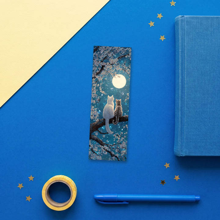 Moonlit Cherry Blossom Cats 2x6 inch bookmark flat lay with blue and yellow stationery – Designs by Mysh