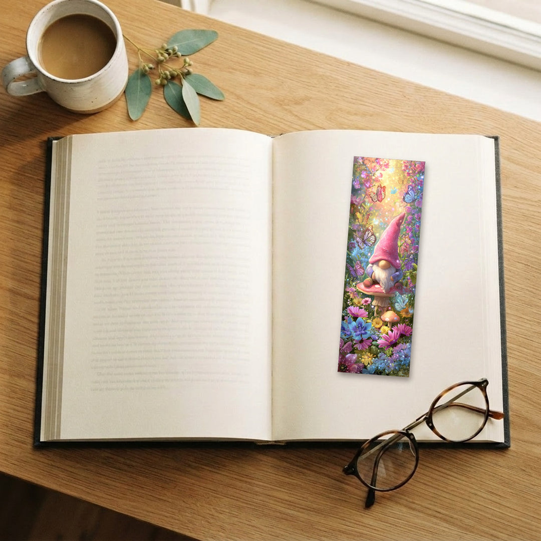 Pink Gnome traditional bookmark on an open book – Designs by Mysh