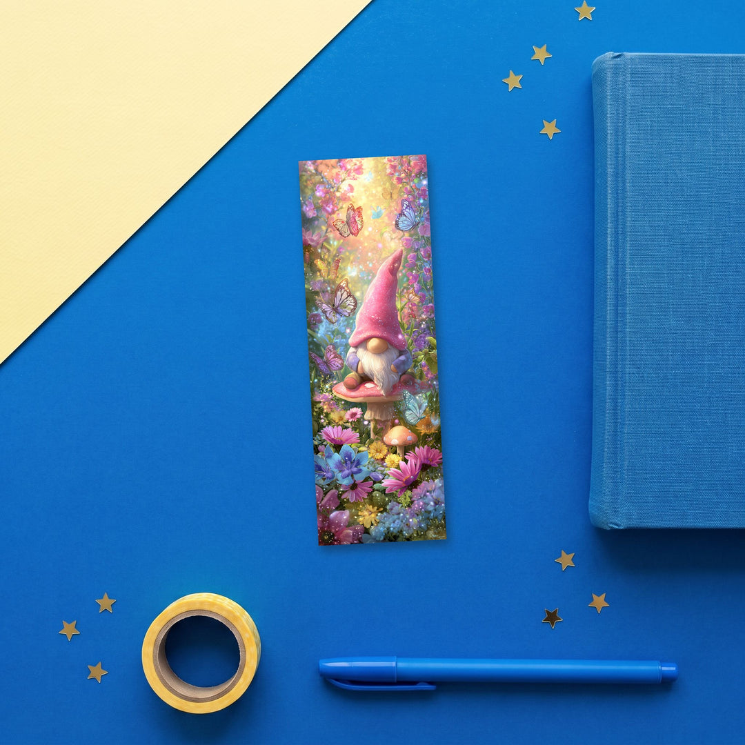 Pink Gnome 2x6 inch bookmark flat lay with blue and yellow stationery – Designs by Mysh