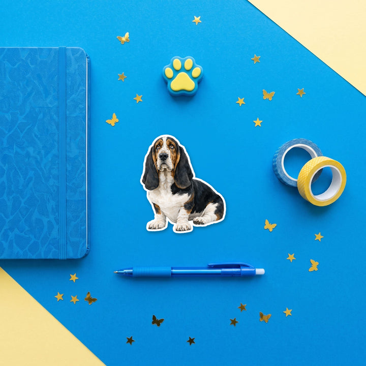 Basset Hound Black Tri watercolor 3 inch sticker flat lay with blue and yellow stationery – Designs by Mysh