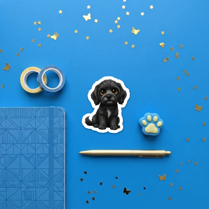 Goldendoodle Black kawaii 3 inch sticker flat lay with blue and yellow stationery – Designs by Mysh