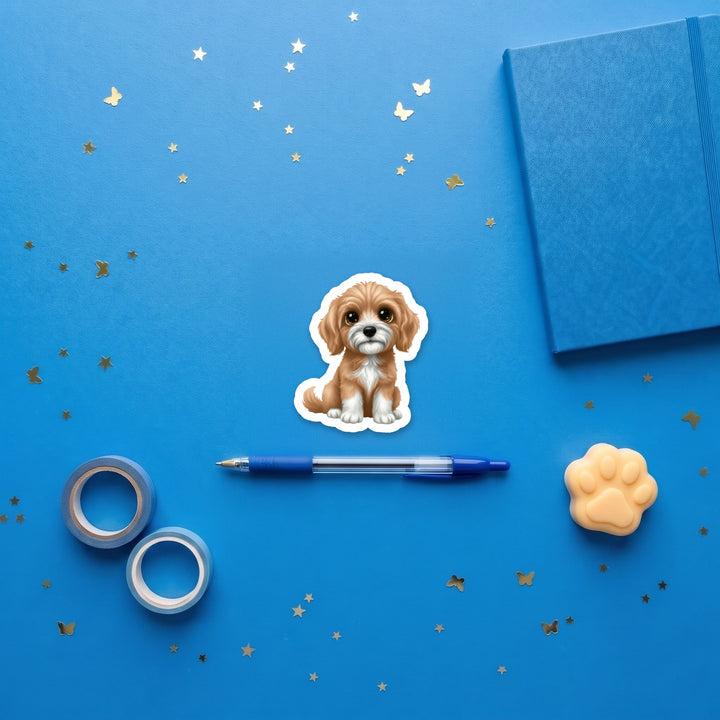 Goldendoodle Apricot and White kawaii 3 inch sticker flat lay with blue and yellow stationery – Designs by Mysh