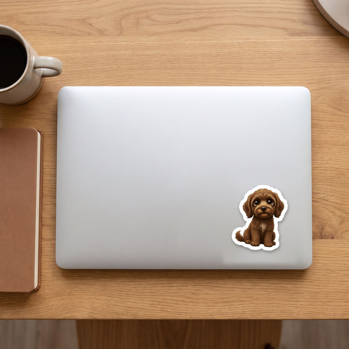 Goldendoodle Chocolate kawaii vinyl sticker on a laptop lid – Designs by Mysh