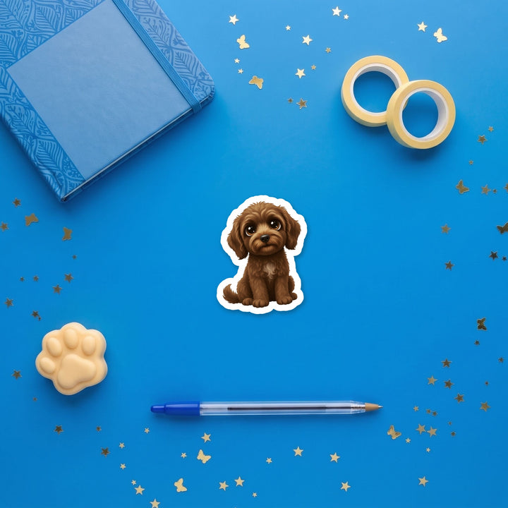 Goldendoodle Chocolate kawaii 3 inch sticker flat lay with blue and yellow stationery – Designs by Mysh