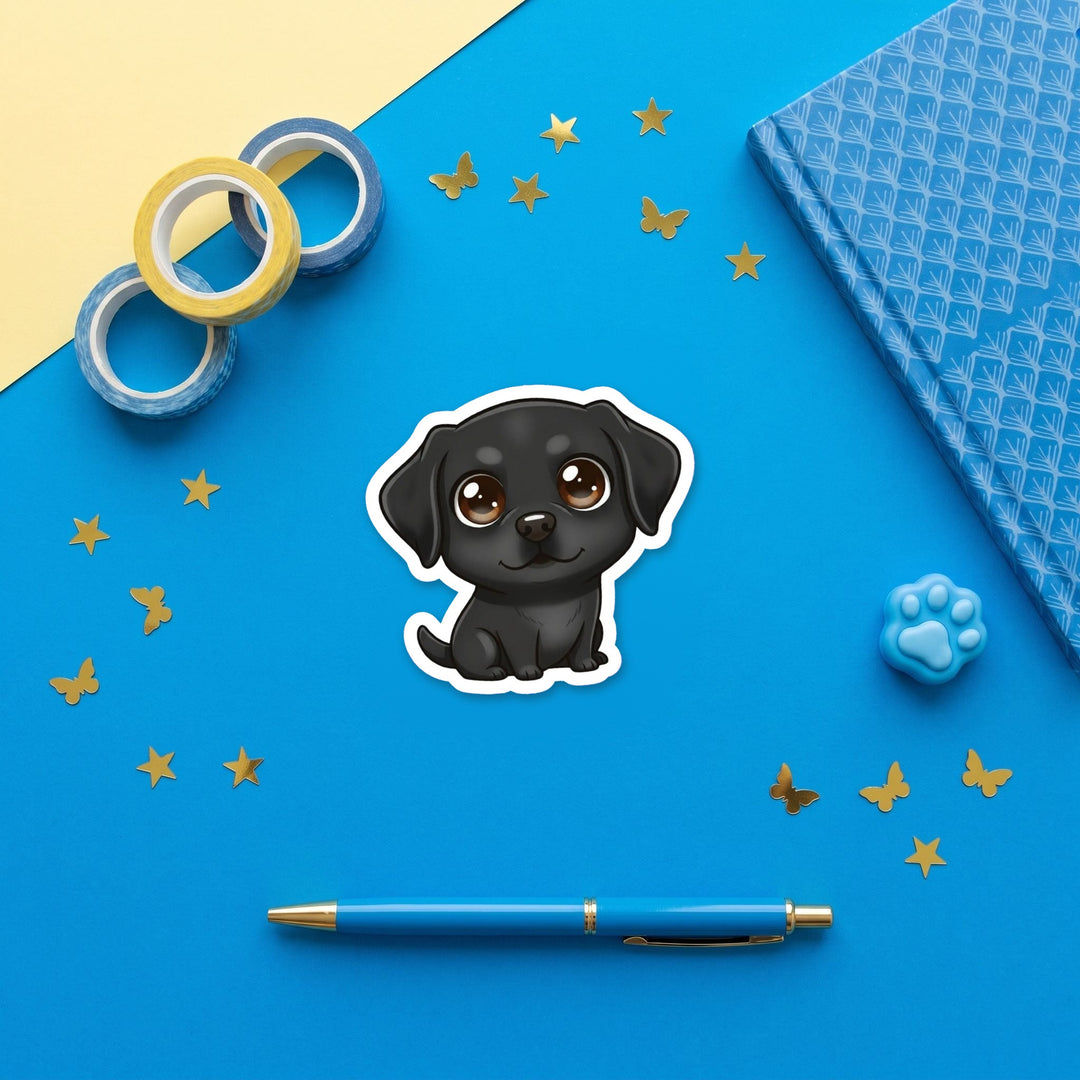 Labrador Retriever Black kawaii 3 inch sticker flat lay with blue and yellow stationery – Designs by Mysh