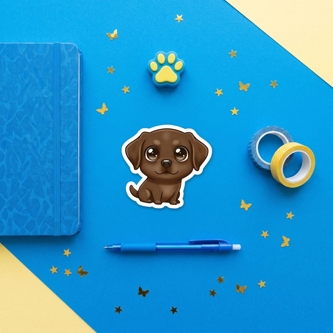 Labrador Retriever Chocolate kawaii 3 inch sticker flat lay with blue and yellow stationery – Designs by Mysh