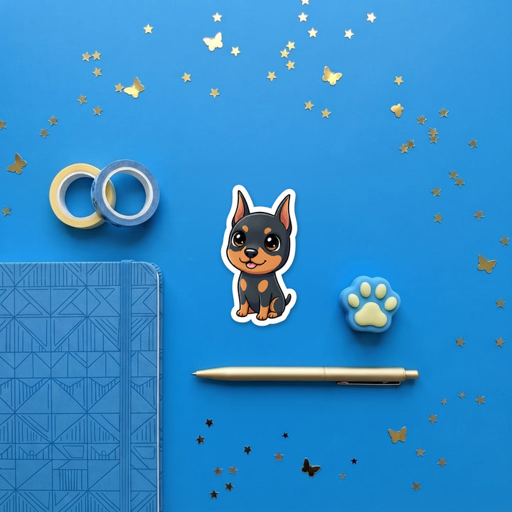 Doberman Pinscher Black and Rust kawaii 3 inch sticker flat lay with blue and yellow stationery – Designs by Mysh