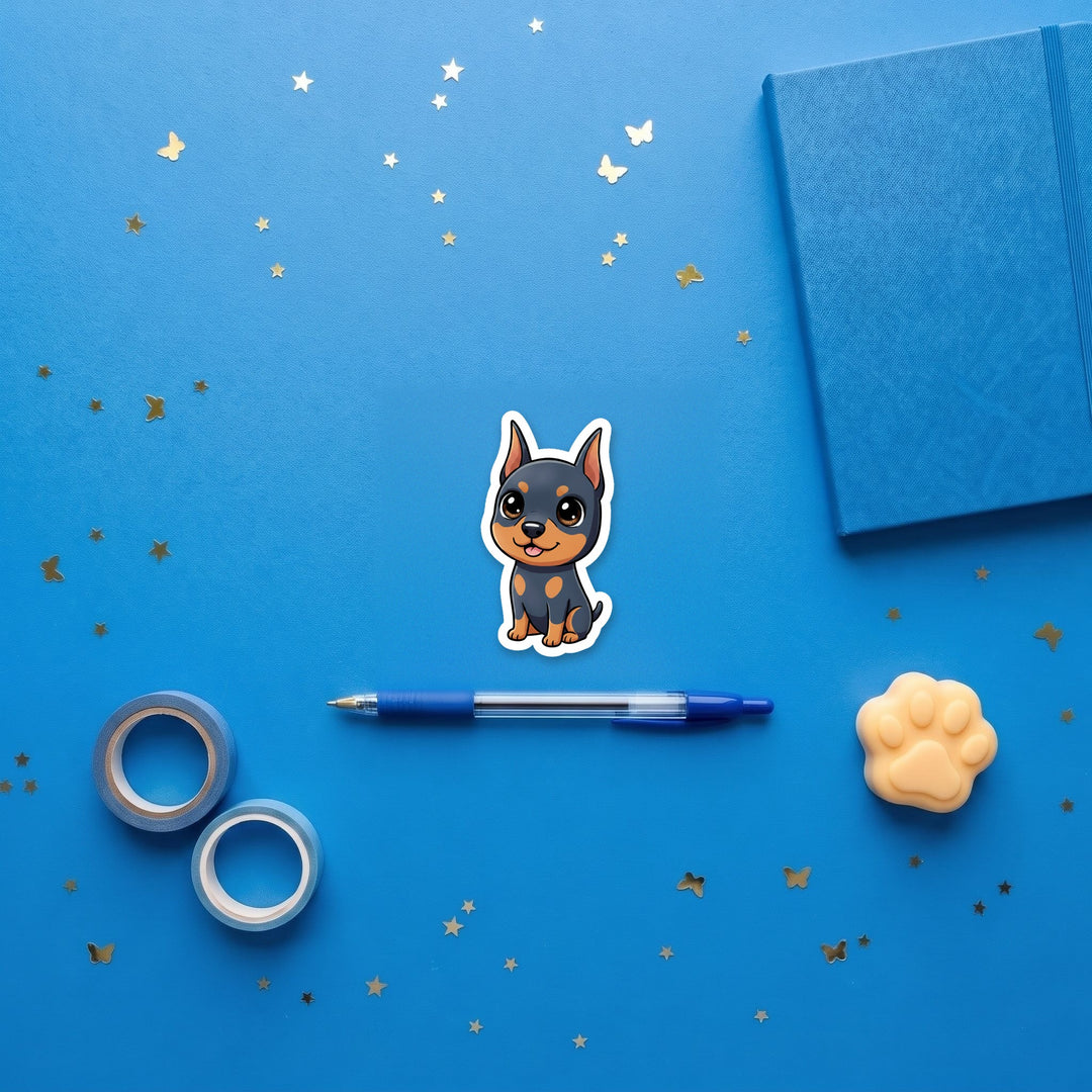 Doberman Pinscher Blue and Rust kawaii 3 inch sticker flat lay with blue and yellow stationery – Designs by Mysh