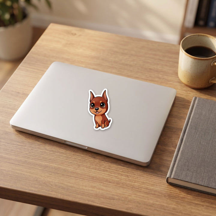 Doberman Pinscher Fawn and Rust kawaii vinyl sticker on a laptop lid – Designs by Mysh