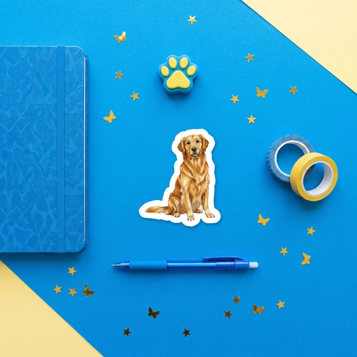 Golden Retriever Golden watercolor 3 inch sticker flat lay with blue and yellow stationery – Designs by Mysh
