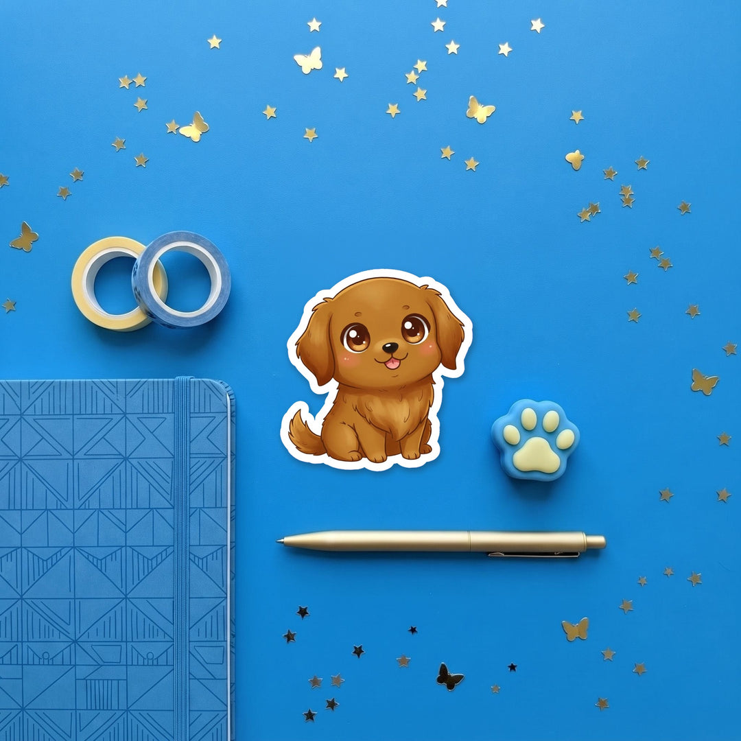 Golden Retriever Dark Golden kawaii 3 inch sticker flat lay with blue and yellow stationery – Designs by Mysh