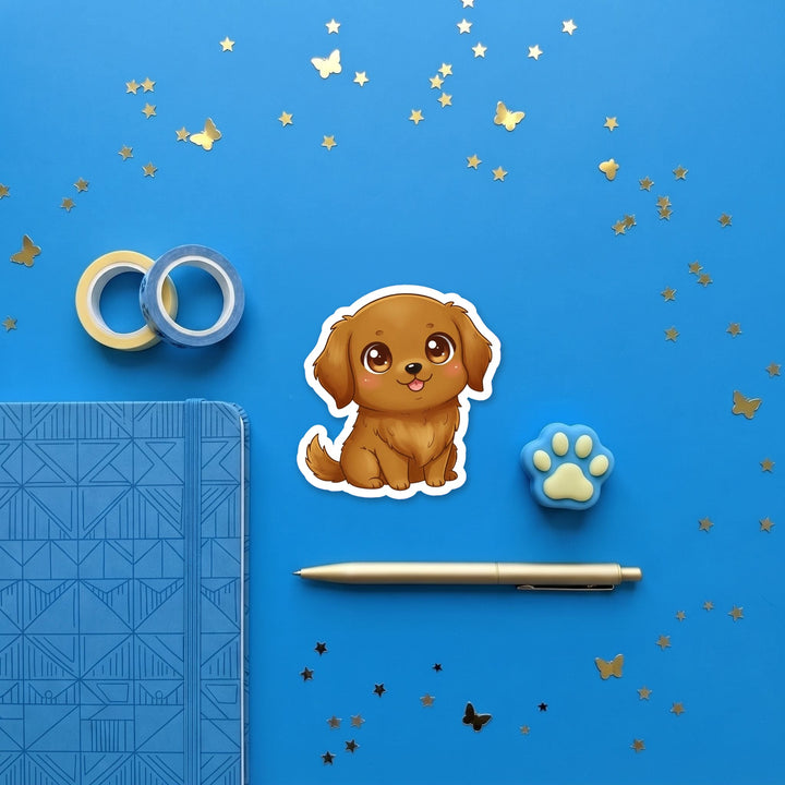 Golden Retriever Dark Golden kawaii 3 inch sticker flat lay with blue and yellow stationery – Designs by Mysh