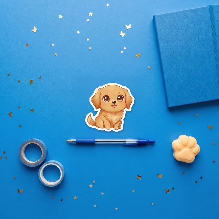 Golden Retriever Golden kawaii 3 inch sticker flat lay with blue and yellow stationery – Designs by Mysh