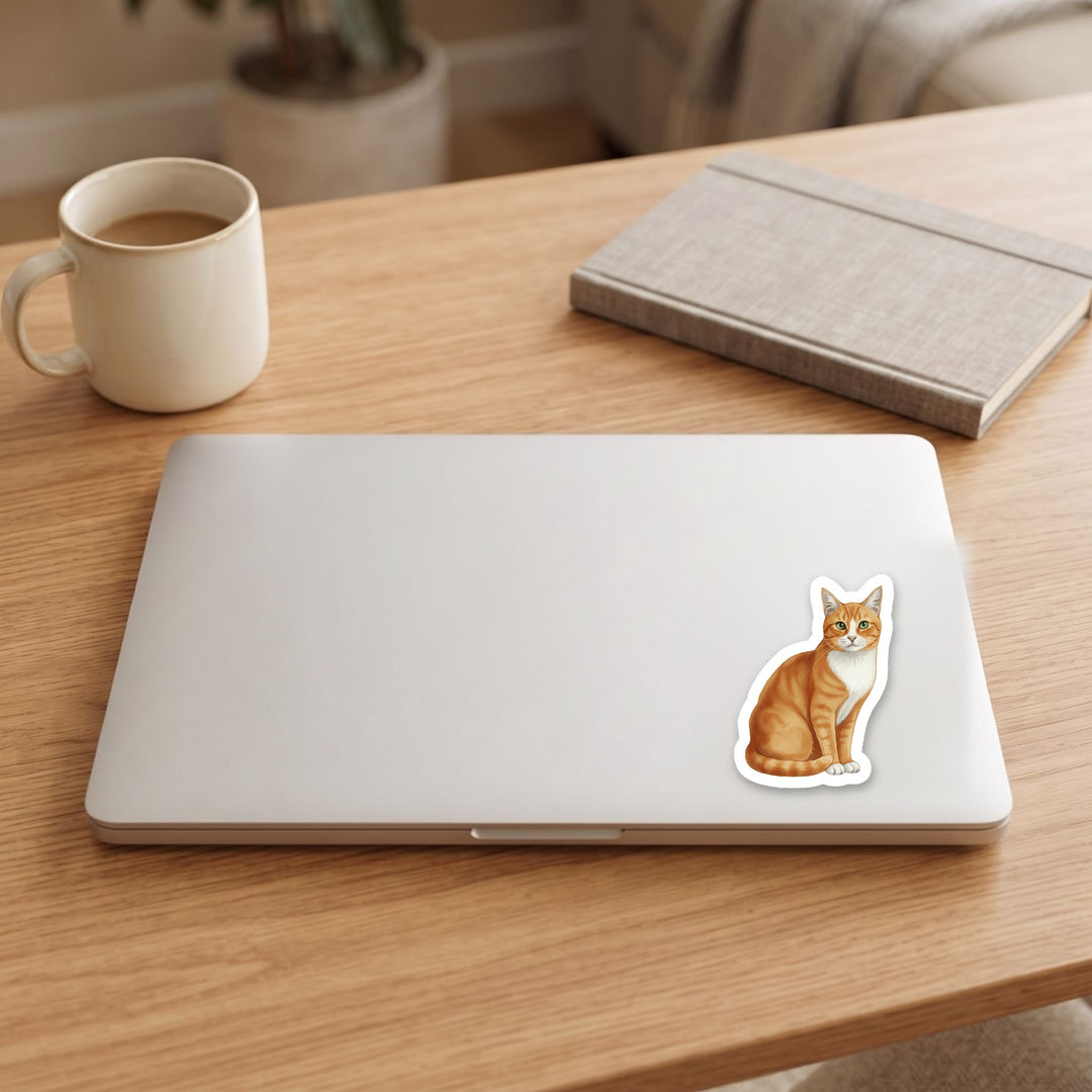 Tuxedo Cat Orange Short Hair watercolor vinyl sticker on a laptop lid – Designs by Mysh
