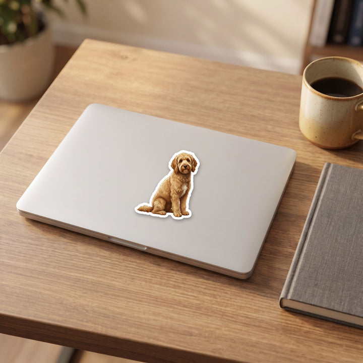 Goldendoodle Golden watercolor vinyl sticker on a laptop lid – Designs by Mysh