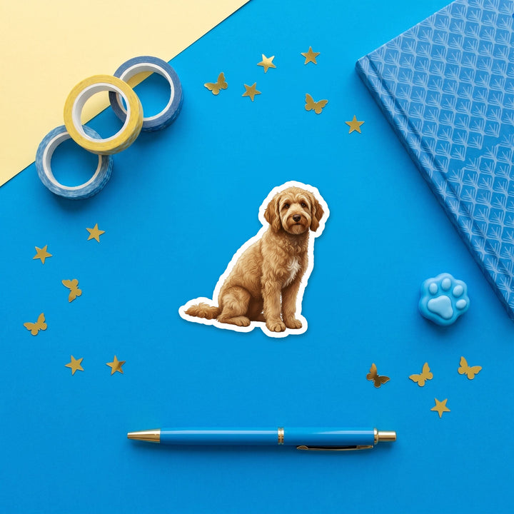 Goldendoodle Golden watercolor 3 inch sticker flat lay with blue and yellow stationery – Designs by Mysh