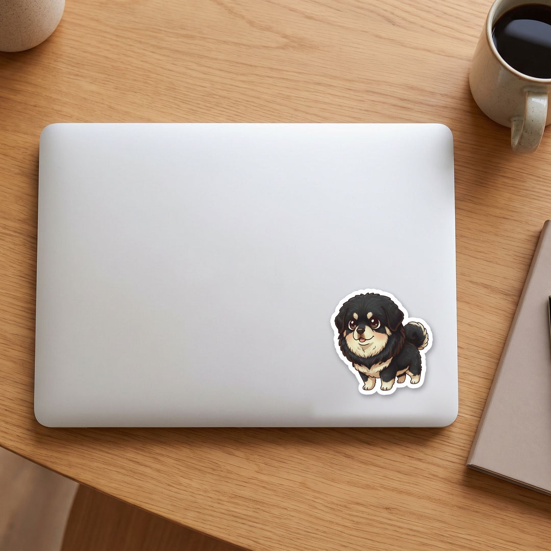 Tibetan Mastiff Black and Tan kawaii vinyl sticker on a laptop lid – Designs by Mysh