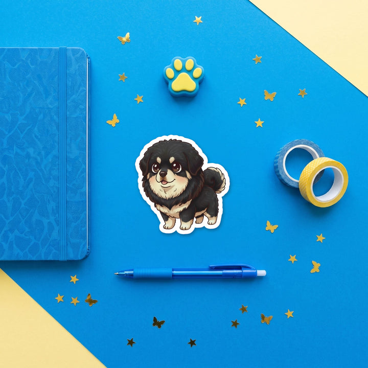 Tibetan Mastiff Black and Tan kawaii 3 inch sticker flat lay with blue and yellow stationery – Designs by Mysh