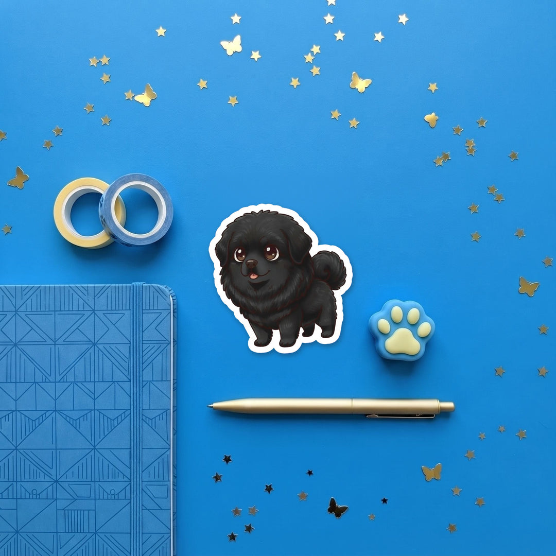 Tibetan Mastiff Black kawaii 3 inch sticker flat lay with blue and yellow stationery – Designs by Mysh