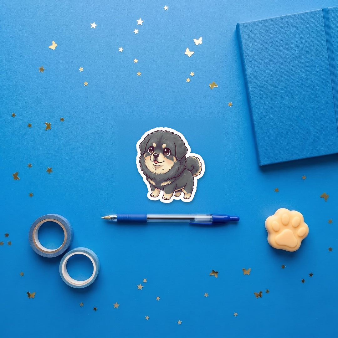 Tibetan Mastiff Blue Gray kawaii 3 inch sticker flat lay with blue and yellow stationery – Designs by Mysh