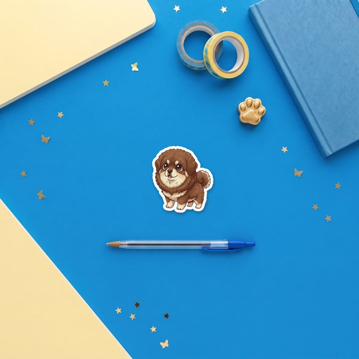 Tibetan Mastiff Brown kawaii 3 inch sticker flat lay with blue and yellow stationery – Designs by Mysh
